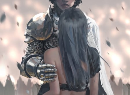 Yan & Kain - pretty, female, man, long hair, armor, male, fantasy woman, princess, art, silver hair, abstract, beautiful, lovely, love, sweet, knight, fantasy, lady, silver, woman, couple