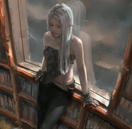 Yan - beauty, library, princess, fantasy, art, window, pretty, fantasy woman, silver hair, cute, elf, long hair, lovely, abstract, beautiful, books, sweet