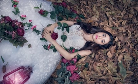 Lovely Girl - flowers, leaves, lying, woman