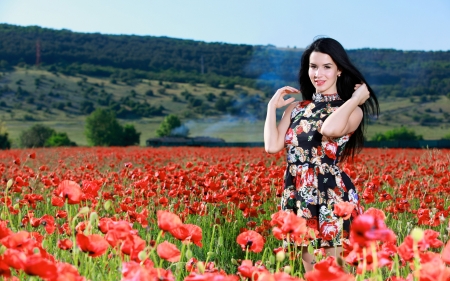 Lovely Girl - flowers, poppies, woman, model