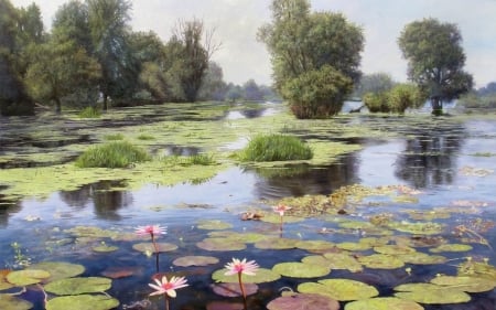 Water~Lily Pond - nature, lilies, lake, trees, pads, water, pond