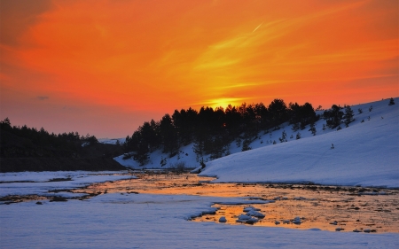 Winter Sunset - river, trees, winter, sunset, nature, snow, lake, forest