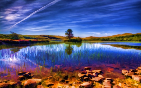 Beautiful lake in Summer - painting, nature, lake, pebbles, beautiful, grass, reeds, rocks