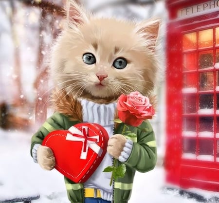 Valentines Cat - Rose, cute, Art, Cat