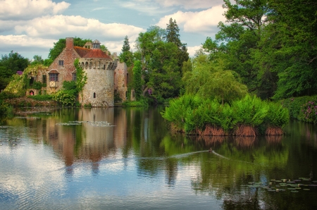 Scotney Old Castle, Lamberhurst, Kent - reflections, clouds, trees, nature, lake, building