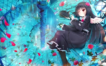 Gokou Ruri - cat, angel, girl, ssumbi, wings, black, white, gokou ruri, red, petals, blue, anime, feather, manga, demon