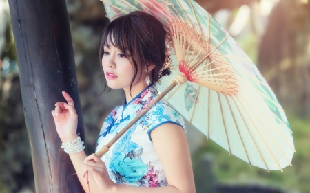 Beauty - beauty, woman, girl, blue, umbrella, oriental, asian, model