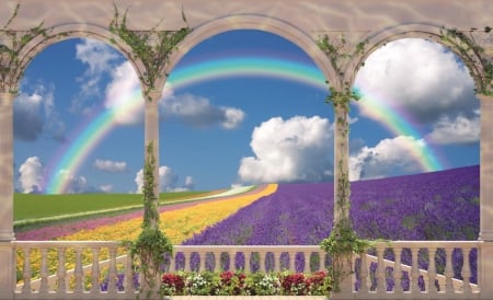 Balcony Rainbow - skies, lavender, rainbow, view, fields, balcony