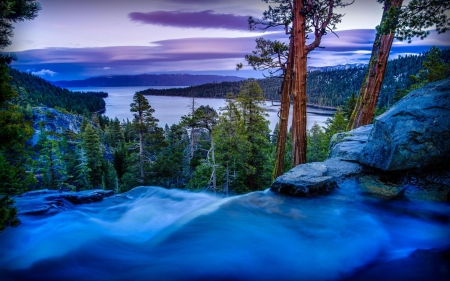 Eagle Falls over Emerald Bay - nature, lake, trees, forest, clouds, waterfall, bay