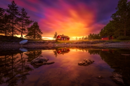 Bring me that horizon - cottage, horizon, lake, sky, trees, water, shore, sunset, amazing, lonely, reflection, beautiful, colors, house, boat