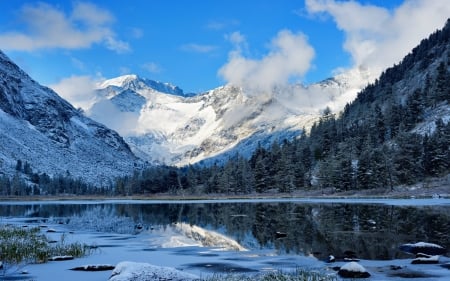 Winter landscape - ice, lake, cliifs, mountain, trees, landscape, winter, rocks, forest, reflection, frost, snow