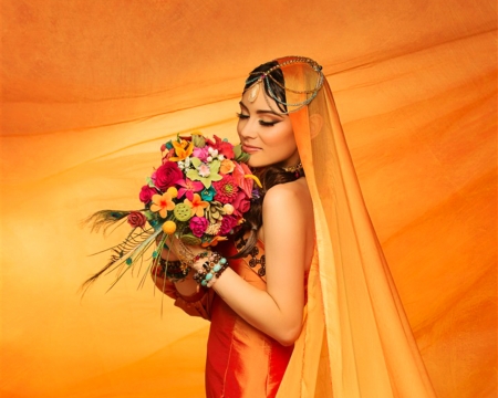 Lovely Bride - woman, bouquet, veil, model