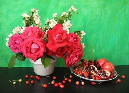 Still life - red, flower, rose, pink, vase, still life, fruit, cherry, green