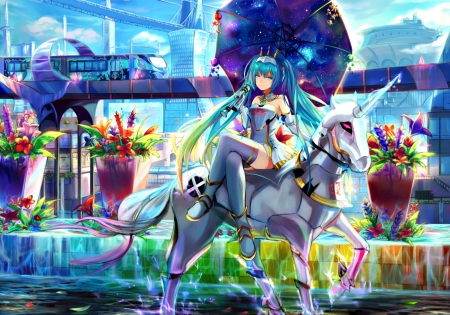 Hatsune Miku - horse, natsumoka, vocaloid, anime, girl, umbrella, blue, manga, unicorn, luminos, hatsune miku, green