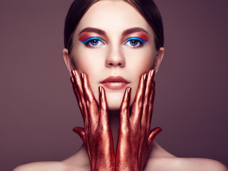 Beauty - blue, girl, jewel, make-up, hand, red, woman, model, face, oleg gekman