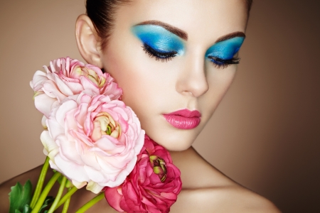 Beauty - blue, girl, flower, pink, lips, make-up, woman, model, face, oleg gekman, ranunculus