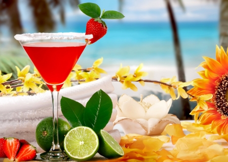 Tropical Strawberry Cocktail - strawberry, photography, vacation, tropic, lime, skyphoenixx1, ocean, drink, fruits, cocktail, palms, summer, tropical, isle, abstract, holidays, island, flowers, photo, sea