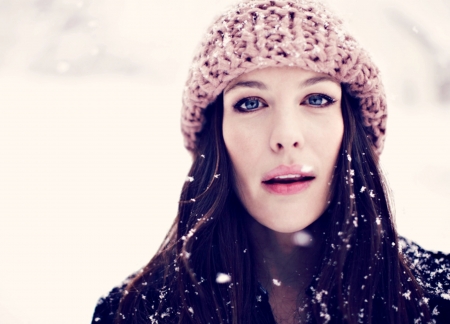 Liv Tyler - woman, actress, girl, hat, winter, white, pink, snow, liv tyler