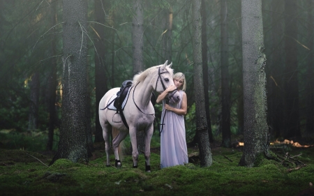 Lovely Girl in the Forest - forest, horse, animal, woman