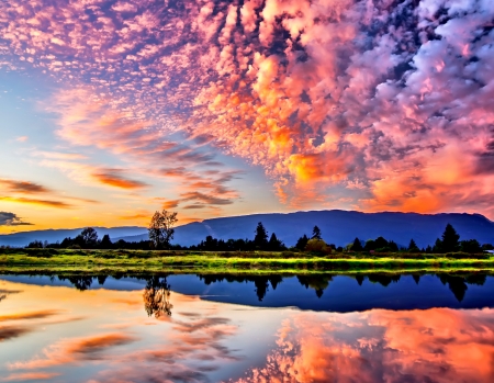 PERFECT PIN SKY REFLECTION-ALOUETTE RIVER - clouds, evening, splendor, landscape, pink, river, sunset, nature, reflectoin, enchanting nature, mountains, sky