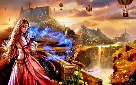 PRINCESS with MAGICAL POWER - digital art, girl, magic power, mountain, fantasy, dragon, fire, flames, princess, lakes