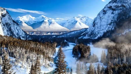 Banff NP in winter - winter, national park, rocks, cliffs, landscape, beautiful, hills, sky, banff, view, trees, mountain, snow