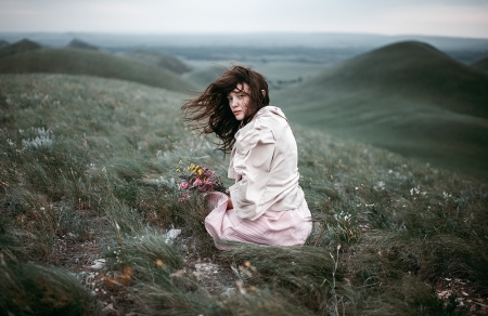 Windy Day - woman, flowers, mountain, model