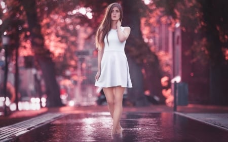 Lovely Girl - path, water, model, trees, woman