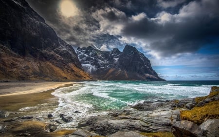 Amazing Blue Ocean - nature, ocean, mountain, clouds, blue, sun