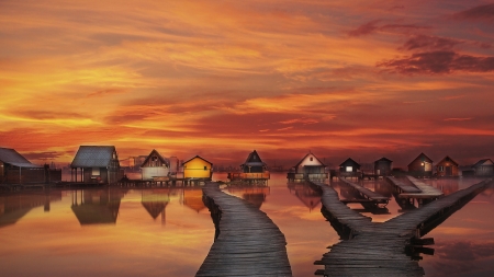 houses on stilts at gorgeous orange sunset - stilts, houses, water, orange, sunset, piers