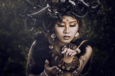 Medusa - woman, girl, jewel, medusa, asian, black, model, dark, hand, snake