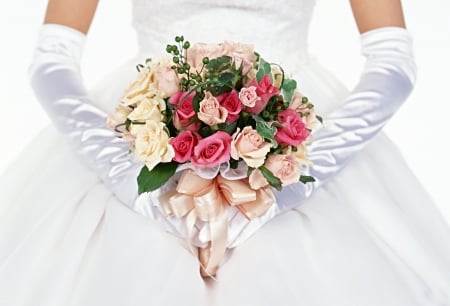 Bride's bouquet - white, flower, rose, pink, bouquet, hand, bride