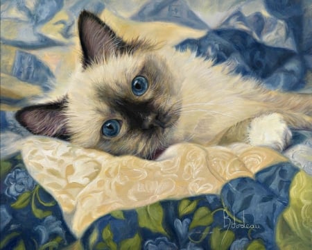 Charming - blue, lucie bilodeau, cat, pictura, pisica, animal, kitten, painting, art