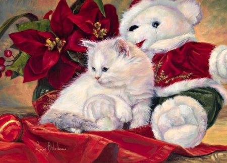 Christmas kitten - craciun, cat, toy, ball, kitten, christmas, painting, white, lucie bilodeau, art, red, animal, pictura, teddy bear, cute, flower