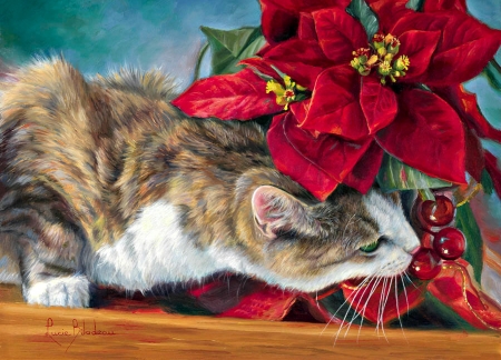 Christmas cat - lucie bilodeau, berry, flower, cat, christmas, pictura, craciun, red, painting, art