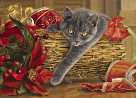 Christmas cat - lucie bilodeau, flower, cat, christmas, basket, pictura, animal, craciun, red, painting, art