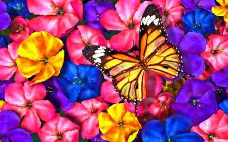 Monarch on Posies - painting, colors, butterfly, flowers