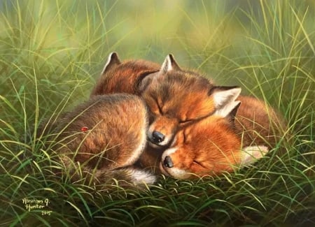 Warm Baby Foxes - warmth, paintings, foxes, spring, grass, love, belove valentines, love four seasons, animals