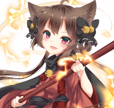 Happy Neko Girl - pretty, tie, anime, female, long hair, cat ears, neko, anime girl, twintails, beautiful, girl, blush, beauty, lovely, brown hair, sweet, glow, black, smile, happiness, lady, woman, cute