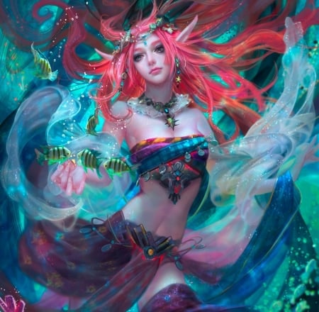 Lady of the Oceans - pretty, female, blue, pink, red hair, purple, fantasy woman, art, abstract, water, beautiful, girl, lovely, sweet, top, fantasy, necklace, lady, ocena