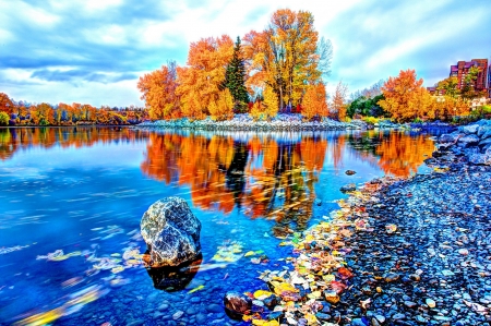 AUTUMN RIVER LANDSCAPE - season, sky, autumn, landscape, falls, water, rocks, nature, reflection, river, splendor, tree