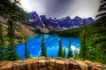 View of mountain and lake - sky, lake, trees, landscape, mountain, rocks, view, reflection, beautiful, cliffs