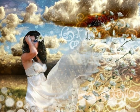 Lovely Day - woman, windy, flowers, clouds