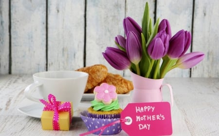 Happy Mother's Day! - wood, desser, food, flower, pink, tulip, sweet, white, purple, mother, gift, card, day