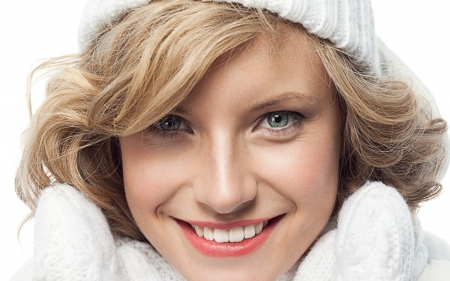 Girl - woman, girl, hat, winter, gloves, white, face, smile, blonde