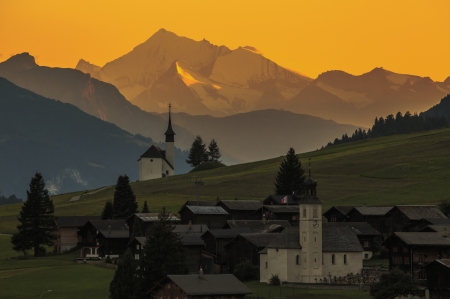 Village with Church - village, church, mountains, sun