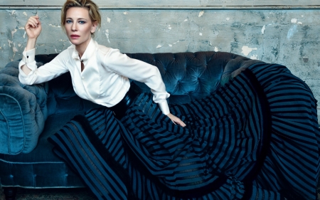 Cate Blanchett - woman, actress, girl, sofa, blue, cate blanchett, blonde