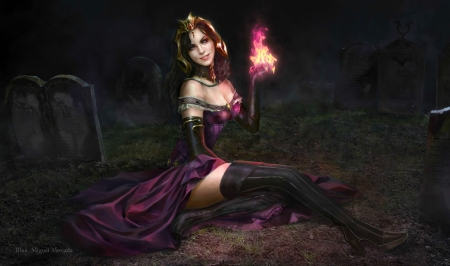 Purple Magic - pretty, female, beautiful, girl, flame, witch, fantasy, purple, digital, woman, art