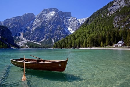 Lake in the Austrian Alps - water, boat, landscape, mountains, church