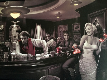 Celeb Bar - pretty, people, elvis presley, pink, man, bar, art, men, beautiful, girl, james dean, cool, fantasy, humphrey bogart, marilyn monroe, color splash, woman, digital